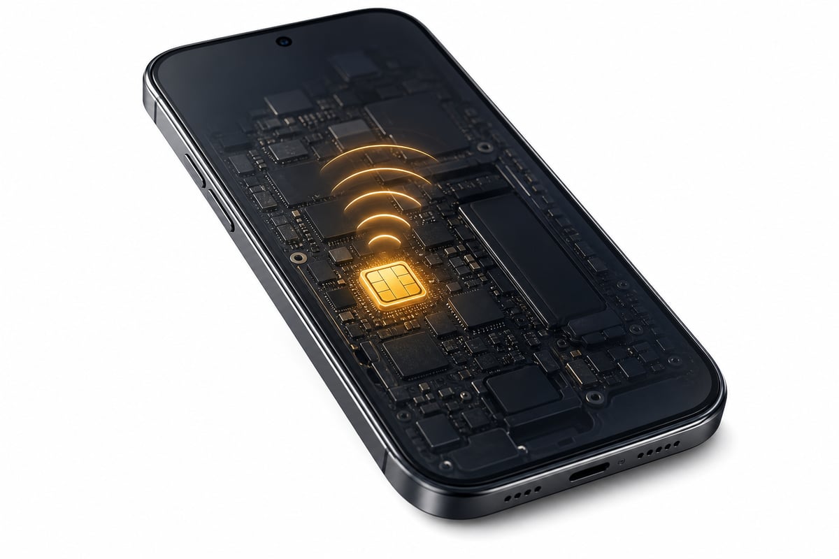 A smartphone with a glowing eSIM chip embedded inside it, emitting signal waves.