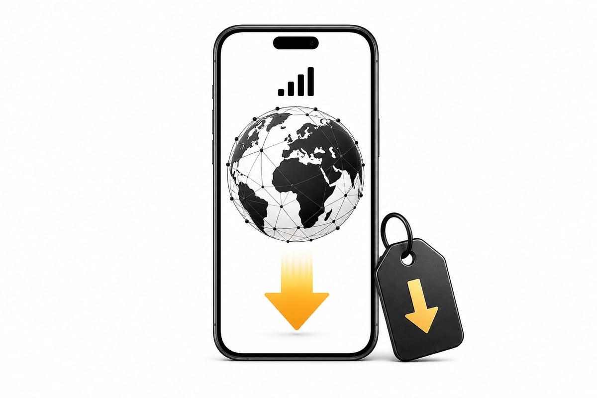 Ein Smartphone mit einem vernetzten Globus und Mobilfunksignal sowie einem Abwärtspfeil für niedrige Preise.